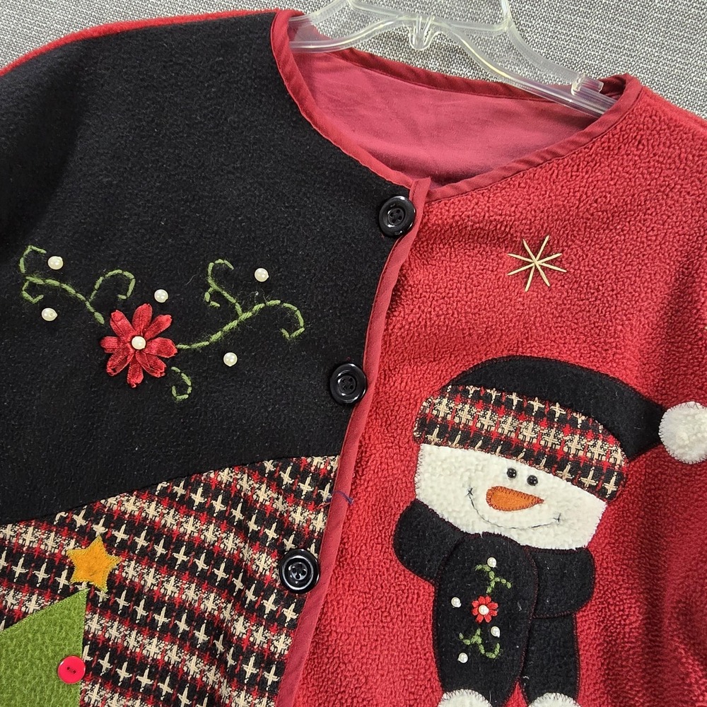 Christmas Holiday Cardigan Jacket Womens Large Red Black Applique Snowman Santa